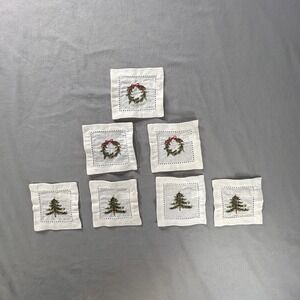Holiday‎ Cocktail Coasters Embroidered Christmas trees/wreaths Lot of 7 4x4"